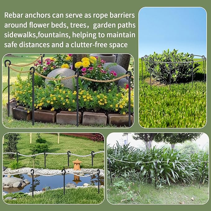 Rebar Stakes 24 Inch with Loop (Set of 6) | 1/2 Inch Thick Tree Stakes and Supports, Steel Tarp Pegs, Camping Tent Ground Anchors | Create Rope Border, Fence, Pathway | for 1.18" Diameter Rope (Black)