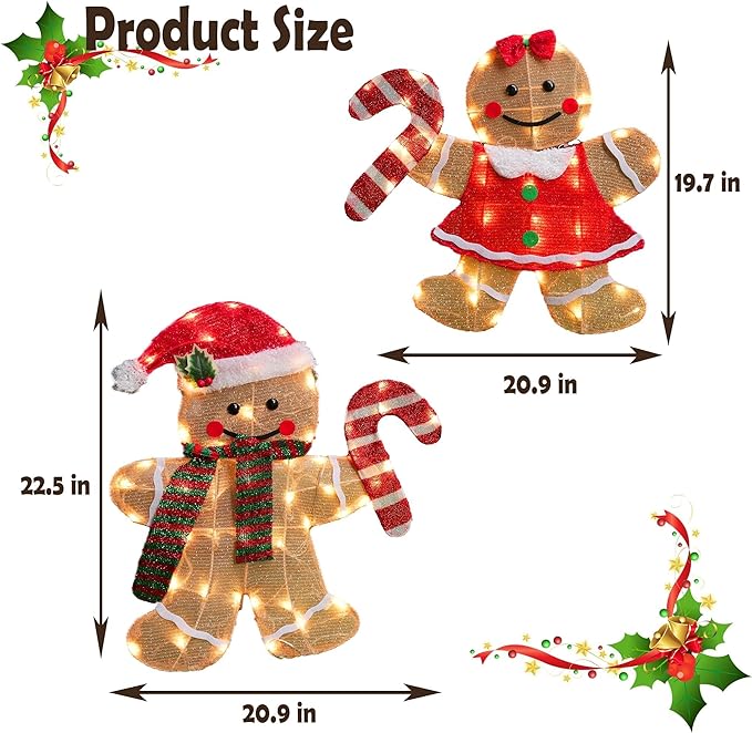 TW SHINE Christmas Outdoor Decorations Yard, Set of 2 Lighted 2D Gingerbread Man with 90 Warm White Lights, Light Up Gingerbread Man Couple for Xmas Holiday Front Garden Patio Lawn Display