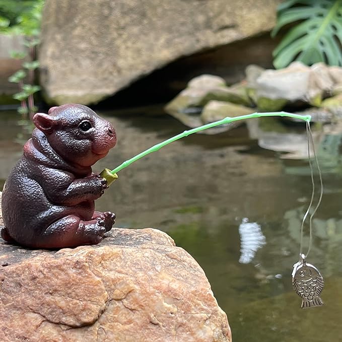 Hippopotamus Statue Garden Decor for Outside 2.4in,Interesting Hippopotamus Fishing Statue,Suitable for Easter, Indoor and Outdoor Decoration