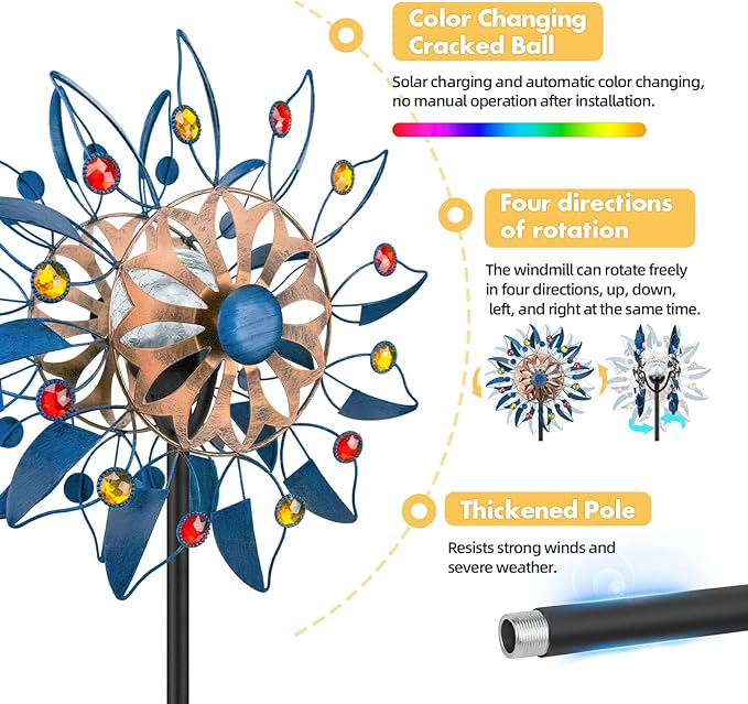 Solar Wind Spinner, Waterproof Outdoor Metal Wind Sculpture for Patio, Lawn & Garden Decor (Retro Spinner)