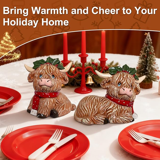 2 Pack Christmas Highland Cow Figurines Highland Cow Christmas Resin Statue with Holiday Wreath and Scarf for Garden Table Shelf Home, Tiered Tray, Mantel, Scottish Resin Statue Calf Lovers Gifts