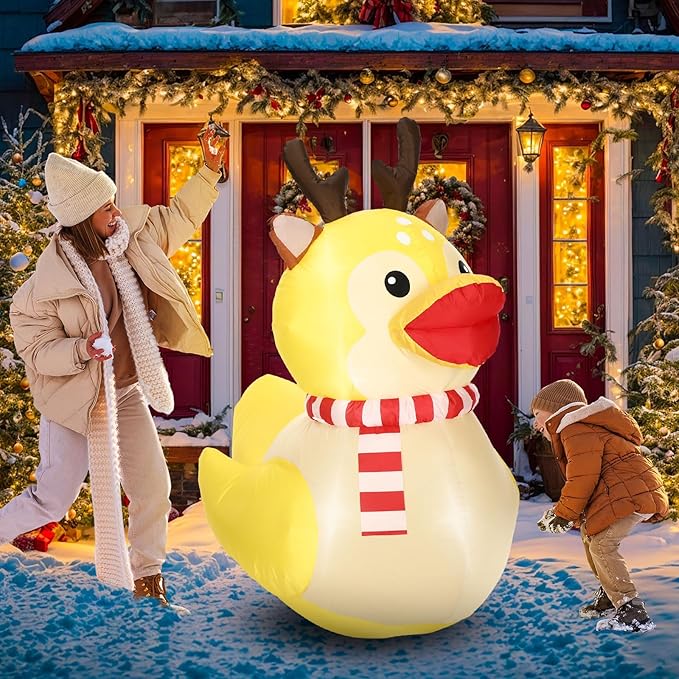 Leyndo 5ft Christmas Inflatables Decoration Outdoor Inflatables Duck with Build-in LEDs Lights Giant Blow up Duck Wear Christmas Reindeer Costume for Mall Garden Patio Lawn Indoor Party