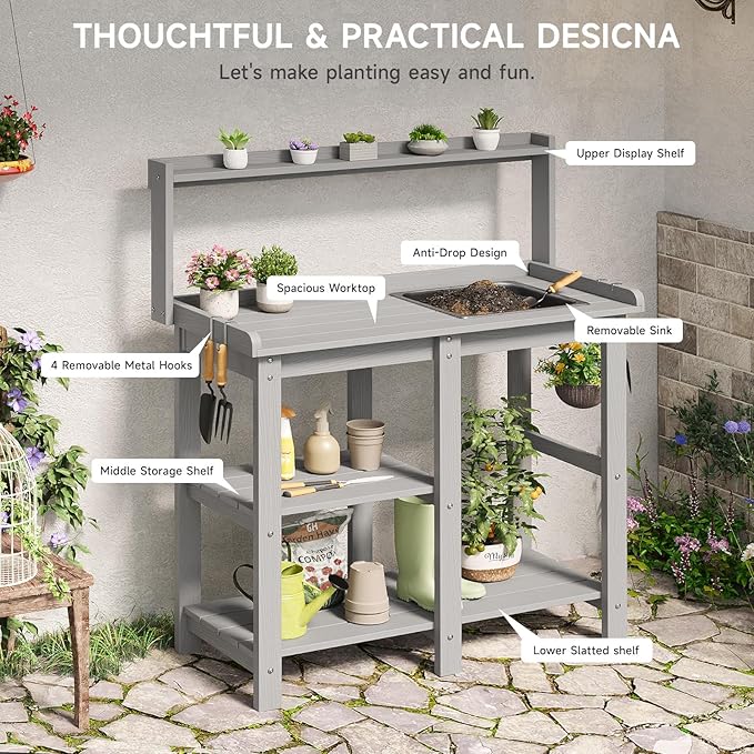 ONBRILL Potting Bench, Outdoor Potting Bench Table with Removable Sink, HDPS Potting Benches for Outside, Garden Table with Storage Shelves & 4 Side Hooks, No Rot, No Fade, No Break, 360lbs Capacity