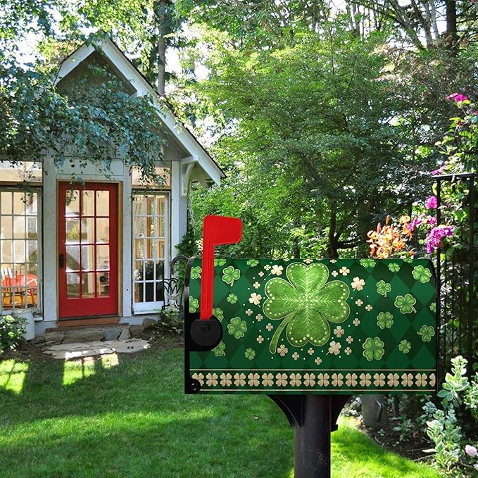 St Patrick's Day Mailbox Cover Magnetic Standard Size 18 X 21 Inch Green Shamrock Clovers Magnetic Mailbox Covers Spring Post Letter Box Cover Wraps for Outside Garden Decor