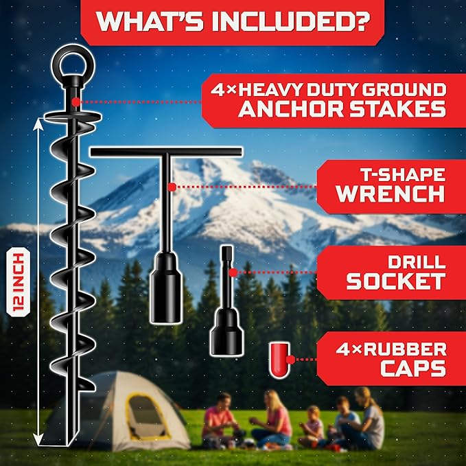 Happin® Heavy Duty Ground Anchors Screw in for Power Drills, Tent Stakes Heavy Duty for Secure Hold, Yard Stakes, Camping Tents, Gazebo, Trampoline Stakes for High Stability Wind Resistance (4 Pack)