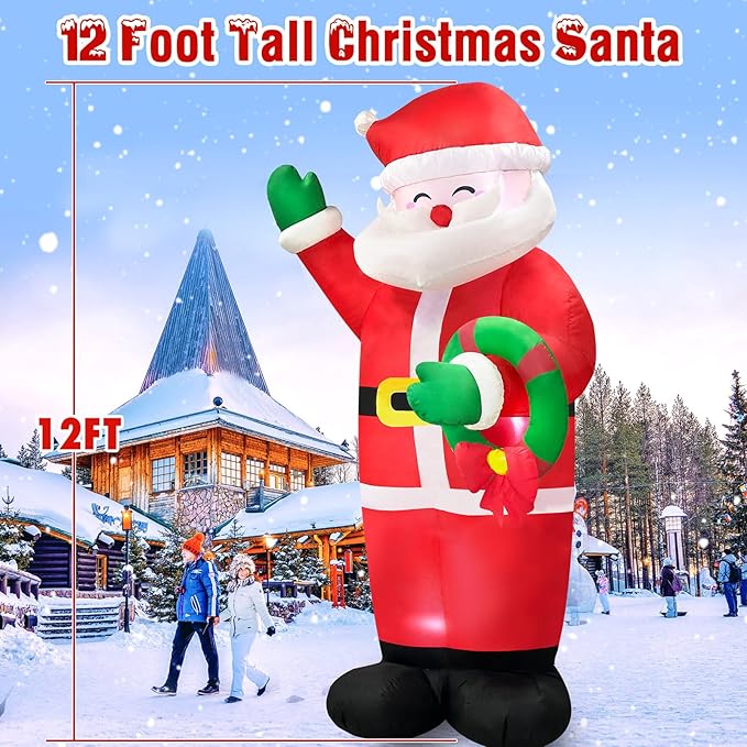 Danxilu 12 FT Giant Christmas Inflatable Santa Claus Outdoor Decorations Built-in LED Lights, Large Inflatable Santa Blow up Yard Decorations IP44 Waterproof Xmas Decor for Outside Lawn Holiday Party