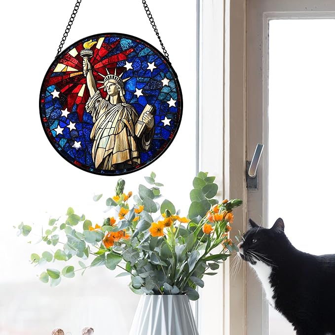 Stained Glass Window Hanging 4 Pcs Set Red Blue Flag Freedom Theme 9.8" - Suncatcher Door Garden Sun Catcher Decor Birthday Christmas for Mom Woman Nana Men Friend