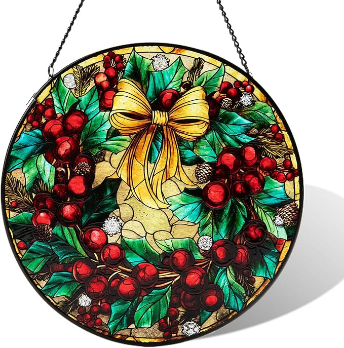 Stained Glass Window Hanging, Christmas Festive Holly and Red Berries Suncatcher for Doors Home Sun Catchers Decoration and Christmas, Mother's Day Birthday Gifts for Women, Men, and Mom (8 Inch)