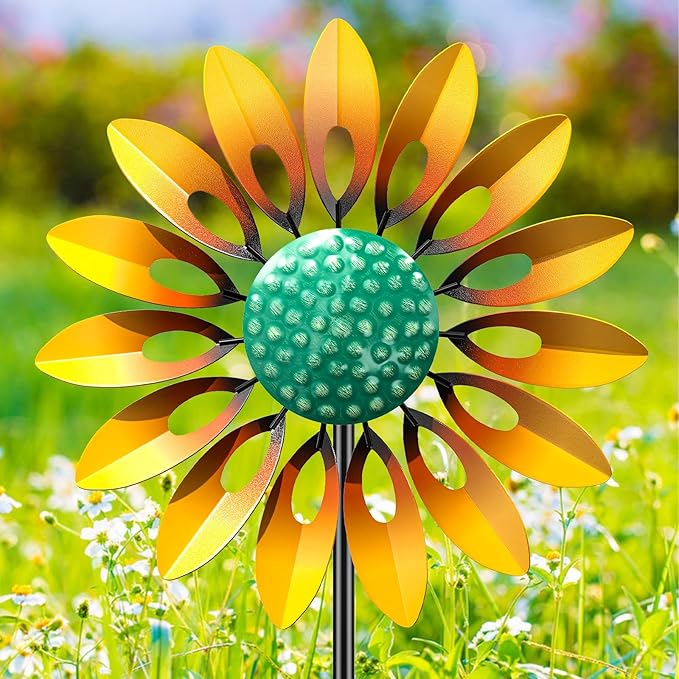 Sunflower Wind Spinners Outdoor, MeyRolizn Metal Pinwheel Wind Sculpture with Stake, Small Windmill for Garden Lawn Yard Patio Outside Art Decor(1pcs-Yellow)