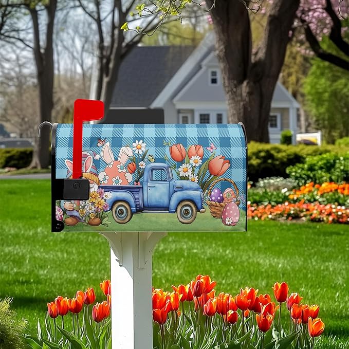 Easter Mailbox Covers Magnetic Gnome Mailbox Cover Standard Size 21x18 in Spring Colorful Flowers Decorations for Outside Garden Waterproof Oxford Blue Buffalo Plaid