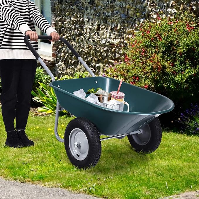 Goplus Dual Wheel Wheelbarrow, Heavy Duty Garden Cart, 330 lbs Capacity Utility Cart with Two 13 inches Pneumatic Tires for Outdoor Lawn Yard Farm Ranch