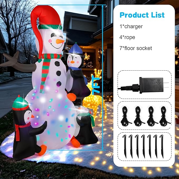 7FT Christmas Inflatable Snowman with 3 Penguins & Multi-Color LED Lights, Blow Up Outdoor Yard Decoration, Animated Winter Holiday Decor for Garden, Lawn, Xmas Party