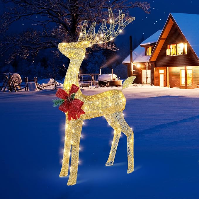 VINGLI Lighted Christmas Reindeer Outdoor Decorations, 4 FT Gold Reindeer with Santa’s Sleigh, Pre-lit 90 LED Lights, Weatherproof Christmas Yard Lawn Porch Decor with Stakes & Zip Ties