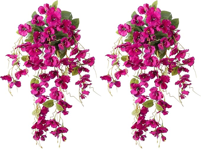 Artificial Hibiscus Fake Hanging Flowers Plants for Outdoors Spring Summer Decor, 2pcs Fuchsia Silk Hibiscus Long Trailing Vines UV Resistant Realistic Faux Flower for Outside Front Door Porch Patio
