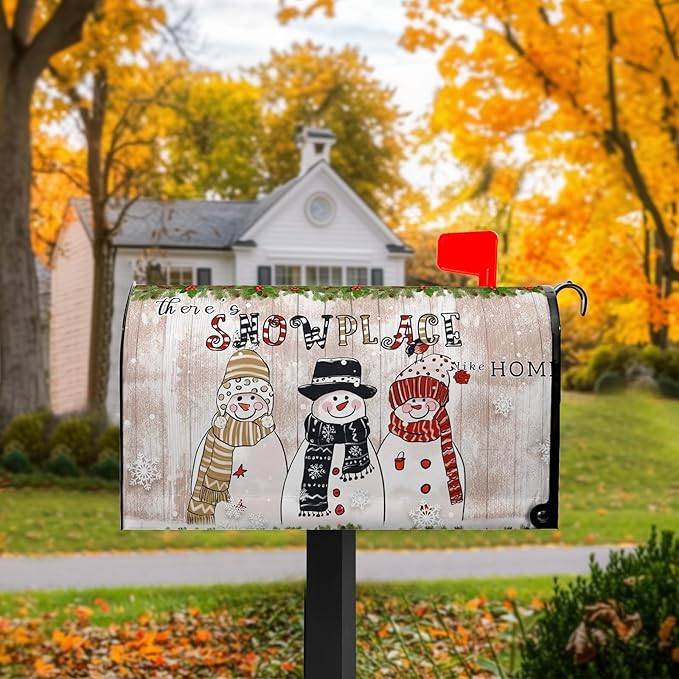 There’s Snow Place Magnetic Mailbox Cover Winter Snowman Mailbox Covers Standard Size 21x18 inch Snowflake Post Letter Box Cover Home Decor Outdoor Yard Decoration for Garden