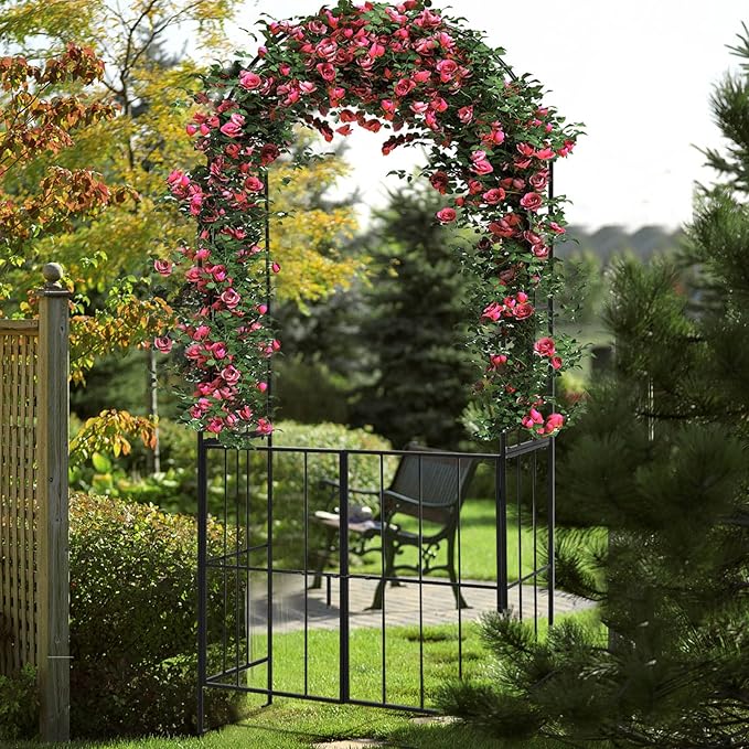 Giantex Garden Arbor with Gate, 90.5" H x 43.5" W Metal Arch Trellis for Climbing Plants, Outdoor Wedding Archway with Latch Door, Rust-Resistant Decorative Arch for Yard, Lawn, Garden Entrance