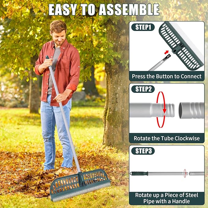 Artificial Turf Rake with 18in Double-Sided Heads, 32-61 Inch Turf Brush Grass Rake for Artificial Grass, Turf Grass Broom for Garden Lawn Artificial Turf Leaves Pet Hairs