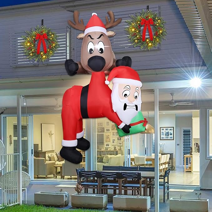 Lulu Home 7.2FT H Christmas Inflatable Decoration, Light Up Air-Blown Reindeer Holding Santa in The Mouth, Xmas Blowups with Storage Bag for Roof Balcony Tree Window Sill Holiday Display
