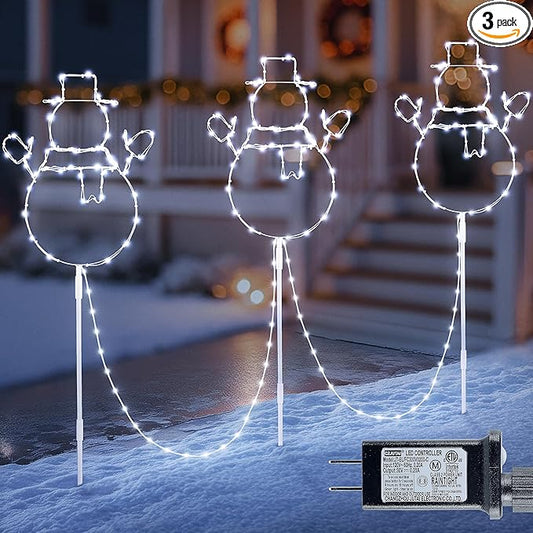 Christmas Walkway Lights,200LED White Christmas Decorations Pathway Lights Plug in,Timer 8 Mode Snowman Garden Light with Stake Waterproof for Fence,Patio,Yard,Party,Xmas Decor-White