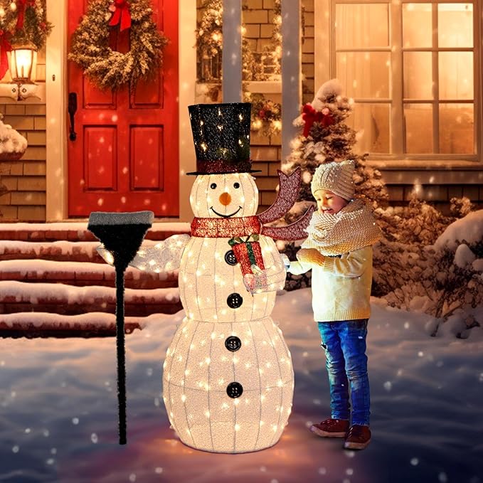 VINGLI 5FT Outdoor Snowman Christmas Decorations, Lighted Outdoor Snowman w/200 LED Lights, Tall Hat, Red Scarf, Zip Ties, Ground Stakes for Indoor, Yard, Outside Xmas Decor