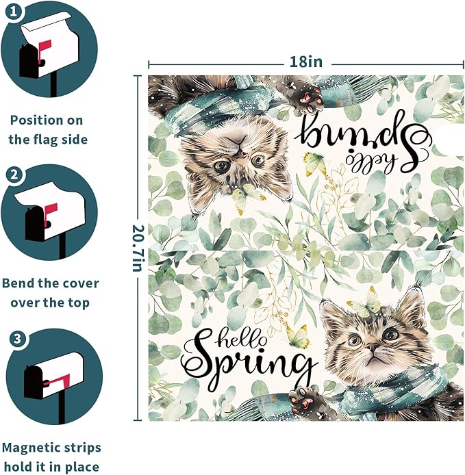 Hello Spring Cat Magnetic Mailbox Cover 21"x18" Watercolor Sage Green Eucalyptus Leaf Kitten Butterfly Mailbox Wrap Post Cover Standard Size for Garden Yard Outdoor Outside Decor