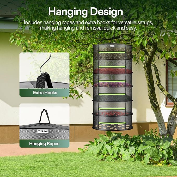 VIVOSUN 2-Pack 6-Layer Mesh Drying Rack Hanging Design with Green Zippers for Dehydrating, Indoor and Outdoor (Pruning Shears Included)
