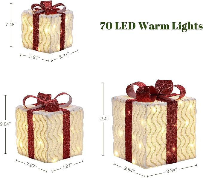 LuxenHome Set of 3 Lighted Gift Boxes, Plug-in Wavy Design with Red Ribbon Bow Boxes for Xmas Holiday Display, Lawn, Porch, Under Tree Indoor, Outdoor Christmas Decoration.
