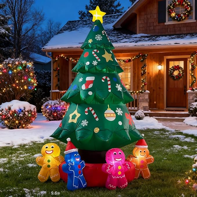 9ft Christmas Tree Decoration with Gingerbread Men Inflatable Outdoor Indoor Decor, Giant Blow Up Weatherproof Xmas Decorations for Yard, Built-in LED Rotating Light for Gardern Lawn Winter Holiday
