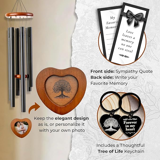 32" Tree of Life Memorial Wind Chimes for Outside – Sympathy Wind Chimes for Loss of Loved One – Remembrance Gift for Mom Dad Husband Wife Son Daughter – Includes Optional Photo Pendant & Keychain