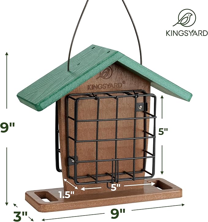 Kingsyard Recycled Plastic Double Suet Feeder with Rainproof Roof & Perch, Cage Suet Bird Feeders for Outdoors Hanging, Great for Woodpecker, Chickadee, Nuthatch (Green)