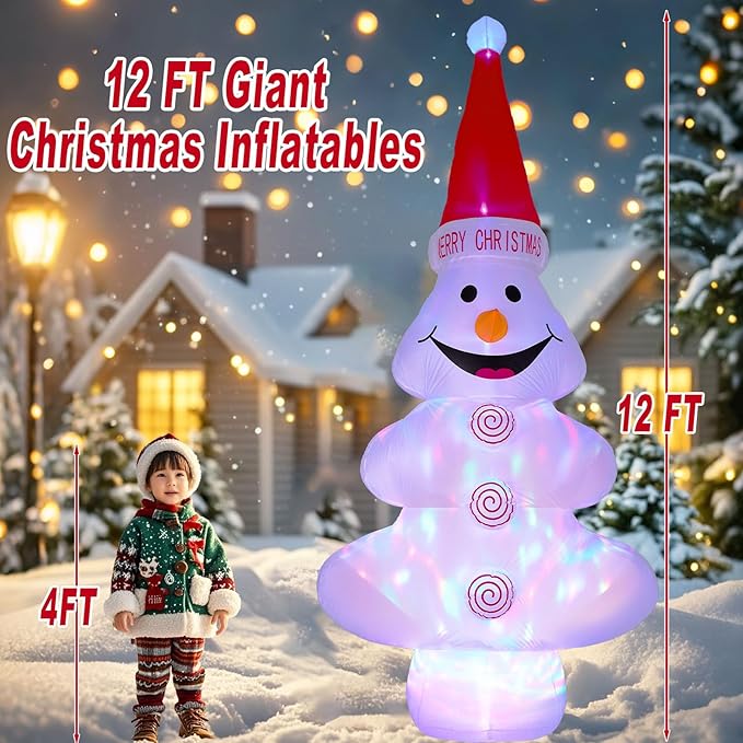 12 FT Christmas Inflatables Snowman Outdoor Decorations, Blow Up Christmas Tree Snowman Yard Decoratin with Rotating & RGB LED Lights for Patio Garden Lawn Decor, Xmas New Year Kids Gifts