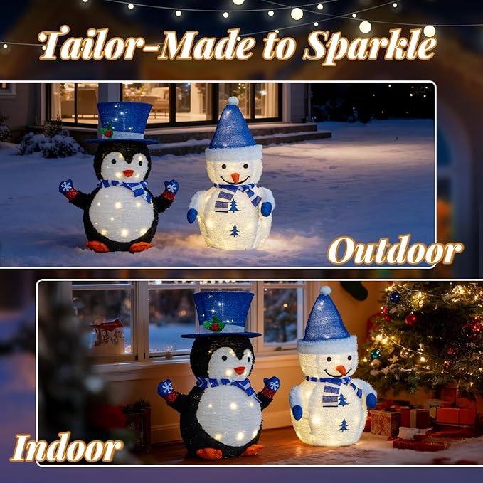 VINGLI 2 Pack 28 Inch Lighted Snowman Penguin Christmas Decorations, Prelit LED Outdoor Indoor Yard Lawn Garden Pathway Front Porch Home Holiday Winter Xmas Christmas Party Decor Display Set