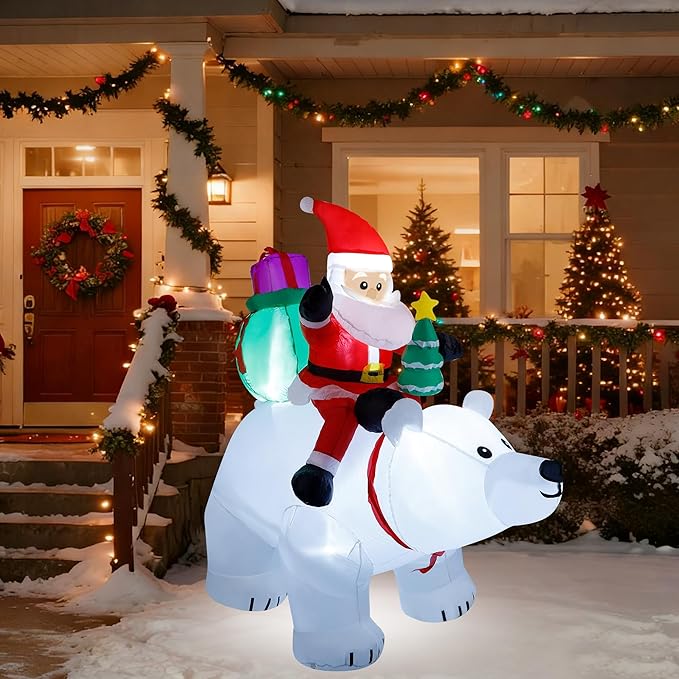 DR.DUDU 6 Ft Christmas Inflatable Santa Claus with Polar Bear and Christmas Tree, Build-in LED Lights Blow up Xmas Inflatables Decoration for Yard Garden Lawn Holiday Party