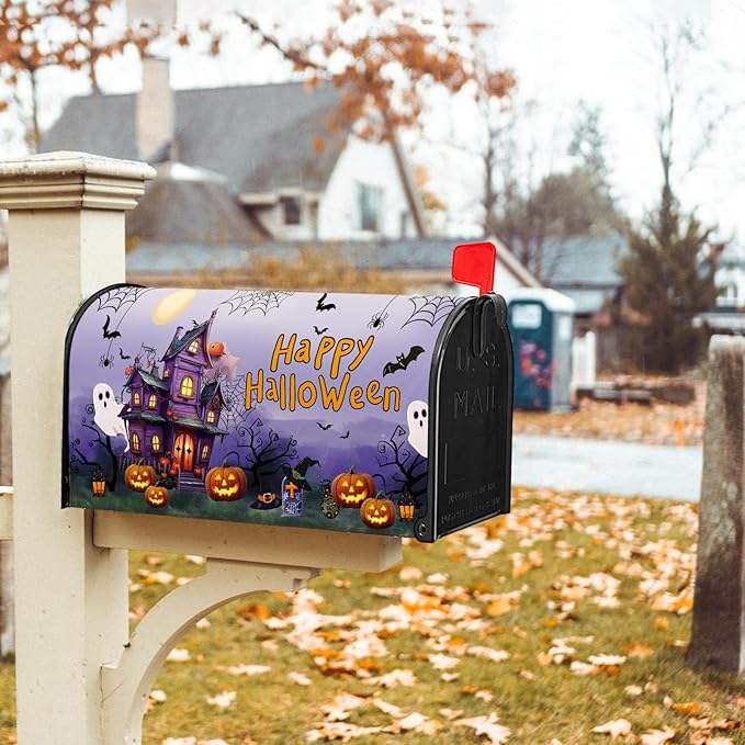 Halloween Magnetic Moon Pumpkin Mailbox Covers - Standard Size 21" X 25.5" Purple Post Cover for Outside Decoration