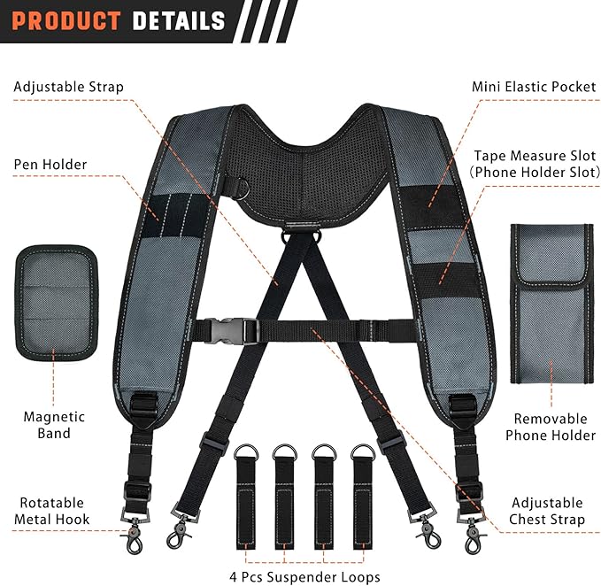 Tool Belt Suspenders, Tool Bag Suspenders, Work Belt Suspender with Magnetic Wristband and Loop Attachment, Padded Construction Suspender for Carpenter, Electrician, Framer, Blue-gray