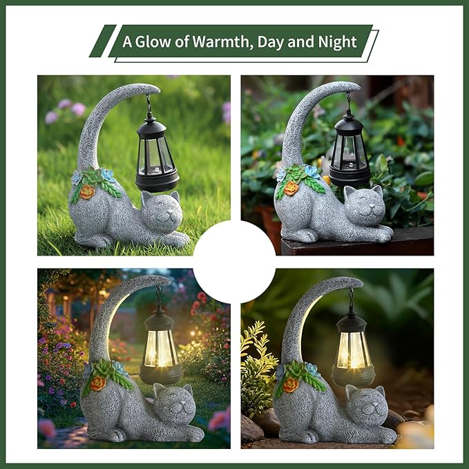 Garden Cute Cat Gnome Statue Decorations - Solar Resin Cat wtih Solar Garden Lights Outdoor Decorations Waterproof for Patio,Yard,Lawn,