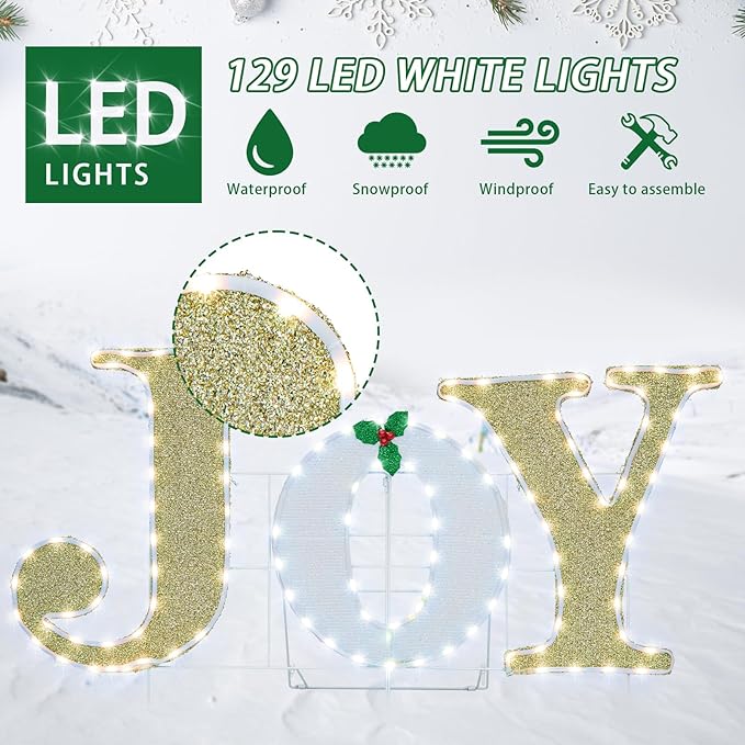 Outdoor Christmas Joy Nativity Decoration Christmas Lighted Joy with Holly Berries Pre-Lit 129 LED Lights Deacoration for Xmas Home Pathway Lawn Party Display