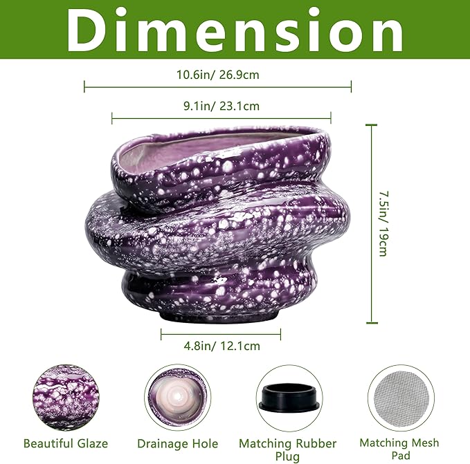 Ceramic Pots for Plants - 11 Inch Ceramic Plant Pots Indoor with Drainage Hole, Unique Planters for Indoor Outdoor Plants, Decorative Planter, Garden Room Decor, Housewarming Gifts, Purple