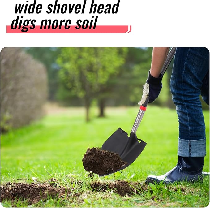 SHARK ATTACK Heavy Duty Garden Shovel 43.3 inch with D-Grip Handle, 10.04'' Serrated Steel Blade for Digging and Landscaping, Beach Shovel, Car Snow Shovel