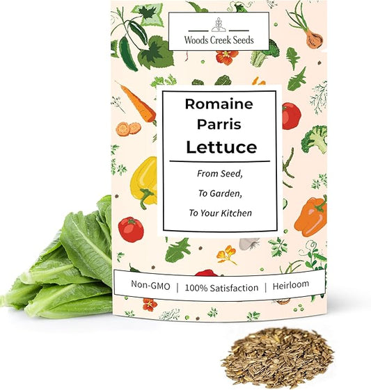 Woods Creek Seeds: Romaine Parris White Cos Heirloom Lettuce Seeds for Planting - Over 2,700 Non-GMO Seed Pack for Indoors, Outdoors, or as Hydroponic Seeds - Beginner-Friendly Green Leaf Lettuce Seed