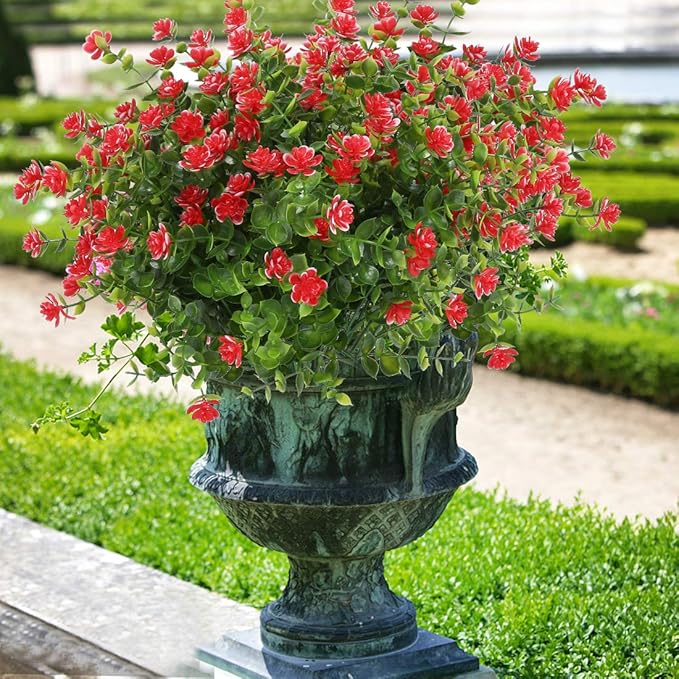 8 Bundles Artificial Flowers, Fake Artificial Greenery UV Resistant No Fade Faux Plastic Plants for Wedding Bridle Bouquet Indoor Outdoor Home Garden Kitchen Office Table Vase (Red)