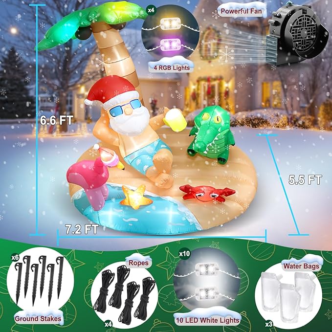7.2FT Christmas Inflatables, Blow Up Inflatable Christmas Outdoor Decorations, Hawaiian Santa Island with LED Lights & Air Blower for Xmas Navidad Yard, Lawn Holiday Décor (7.2 x 6.6 x 5.5FT)