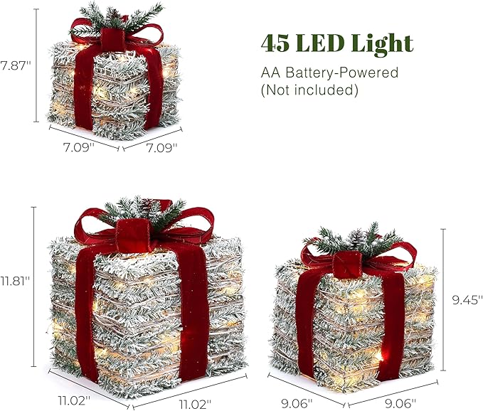 LuxenHome Set of 3 Lighted Gift Boxes, Battery Operated Forsted Faux Cedar Branch Boxes for Xmas, Lawn, Porch, Under Tree Indoor, Outdoor Christmas Decorations