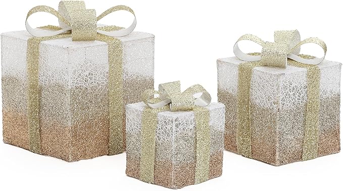 LuxenHome Set of 3 Lighted Gift Boxes, Plug-in White Crackle with Glitter Ribbon Bow Boxes with Timer Holiday Display, Lawn, Porch, Under Tree Indoor, Outdoor Christmas Decoration
