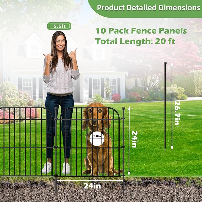 10 Panels No Dig Decorative Garden Fence, 24 in(H) x 20 ft(L) Rustproof Metal Wire Fencing Border, Dog Fence Outdoor for Yard, Temporary Tall Animal Barrier for Rabbits and Small Pets