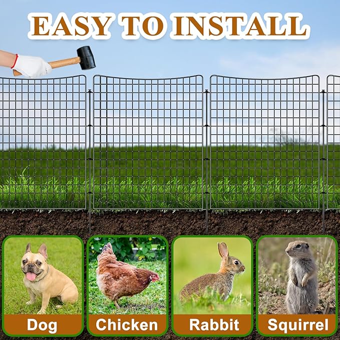 10 Panels Garden Fencing Animal Barrier, 36in(H) X 25ft(L) Dog Fence Outdoor for Yard Rustproof No Dig Decorative Tall Rabbit Fences Metal Wire Panel Border Patio Ground Stakes