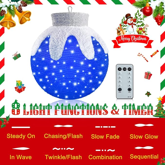 Outdoor Hanging Christmas Ornaments, Lighted Pop-Up Hanging Outdoor Holiday Ball Decoration, 8 Light Modes, Lighted Collapsible Holiday Decorations (Blue)