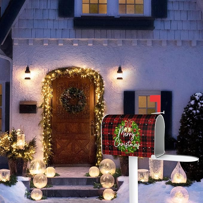 Merry Christmas Wreath Magnetic Mailbox Covers, Standard Size 18 X 21 Winter Xmas Red Buffalo Plaid Mailbox Cover, Holiday Decorations Mailbox Wrap Post Letter Box Cover Decor for Home Outdoor Garden
