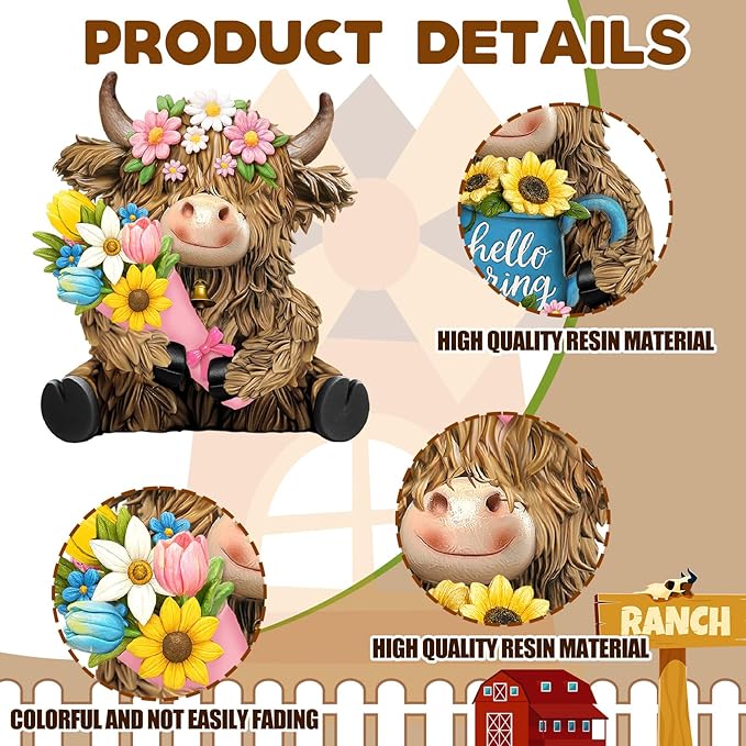 2 Pack Spring Highland Cow Resin Figurine Spring Bathroom Highland Cow Gnomes with Flower Starfish Resin Statue for Garden Table Shelf Home Decor Calf Gnome Herd Gifts