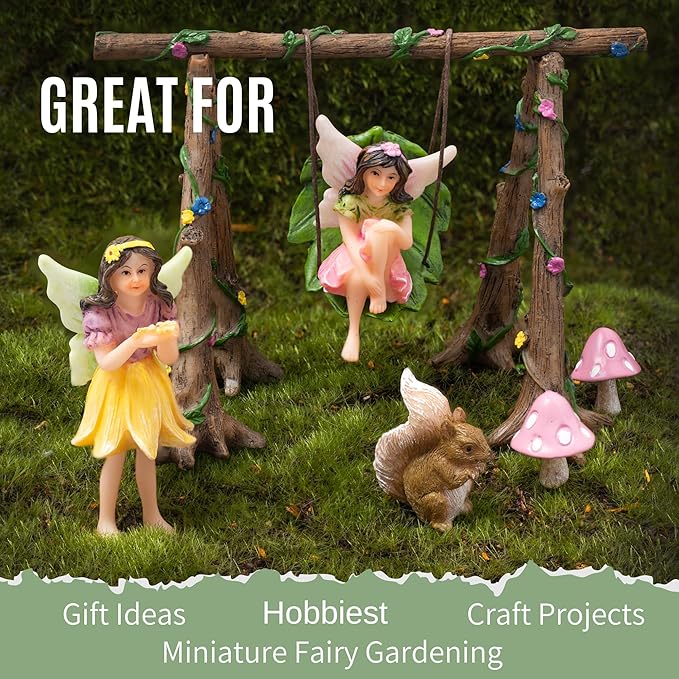 PRETMANNS Fairy Garden Accessories Starter Kit with Figurines, Swing Set, Squirrel & 2 Mushrooms – Ideal for Indoor Outdoor Miniature Garden – 6 Hand-Painted Resin Items